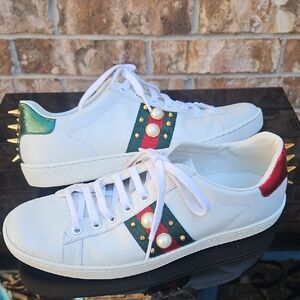Gucci Ace White Calfskin Pearl & Spike Sneakers Sz. 38 1/2